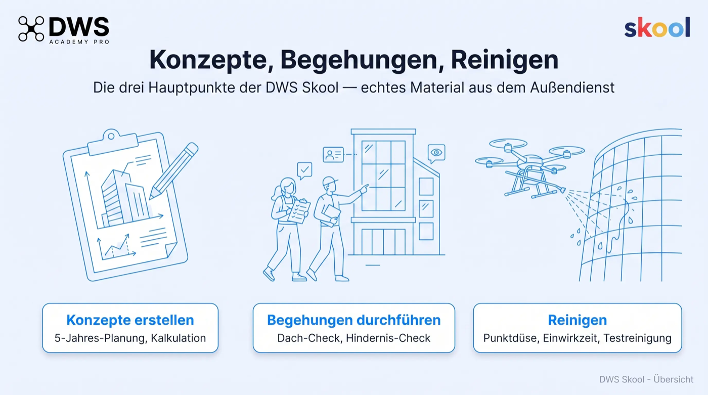 Übersichtsgrafik: die drei Hauptpunkte der DWS Skool — Konzepte, Begehungen, Reinigen
