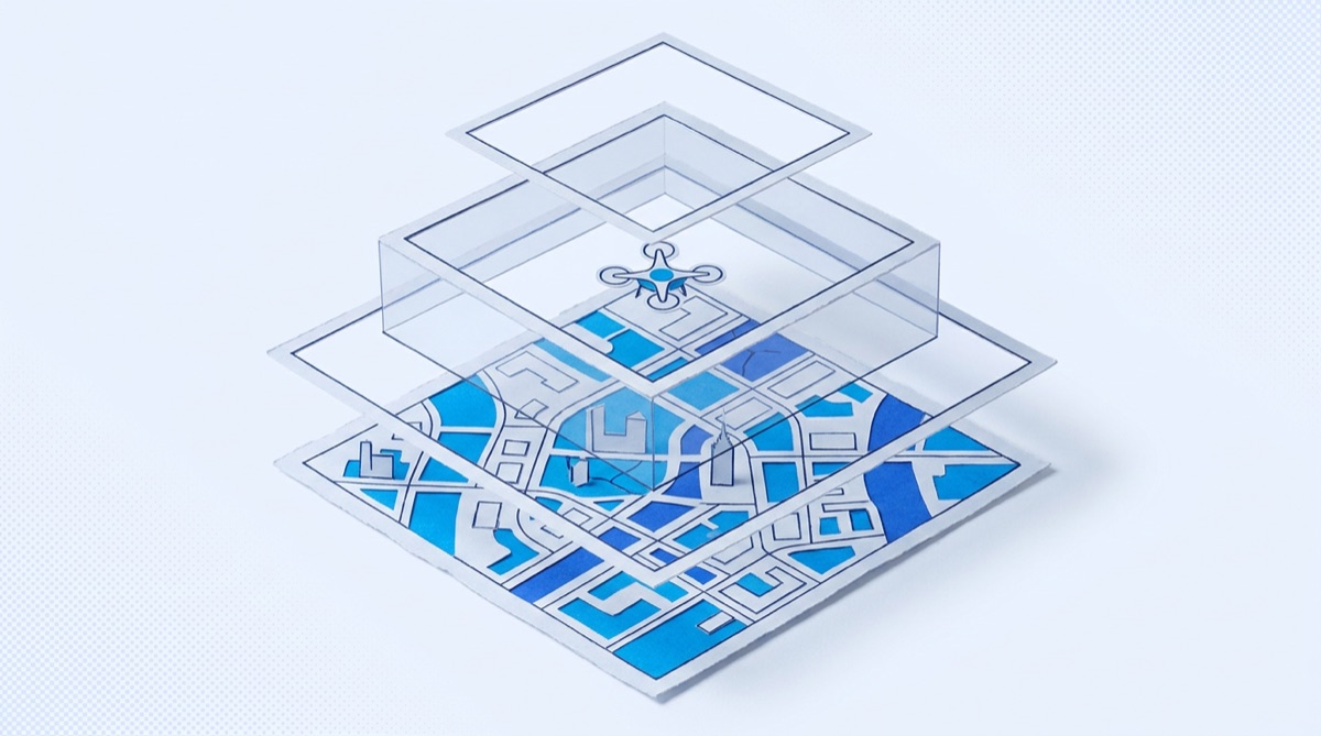 Gestaffelte Luftraumzonen über einem Stadtplan